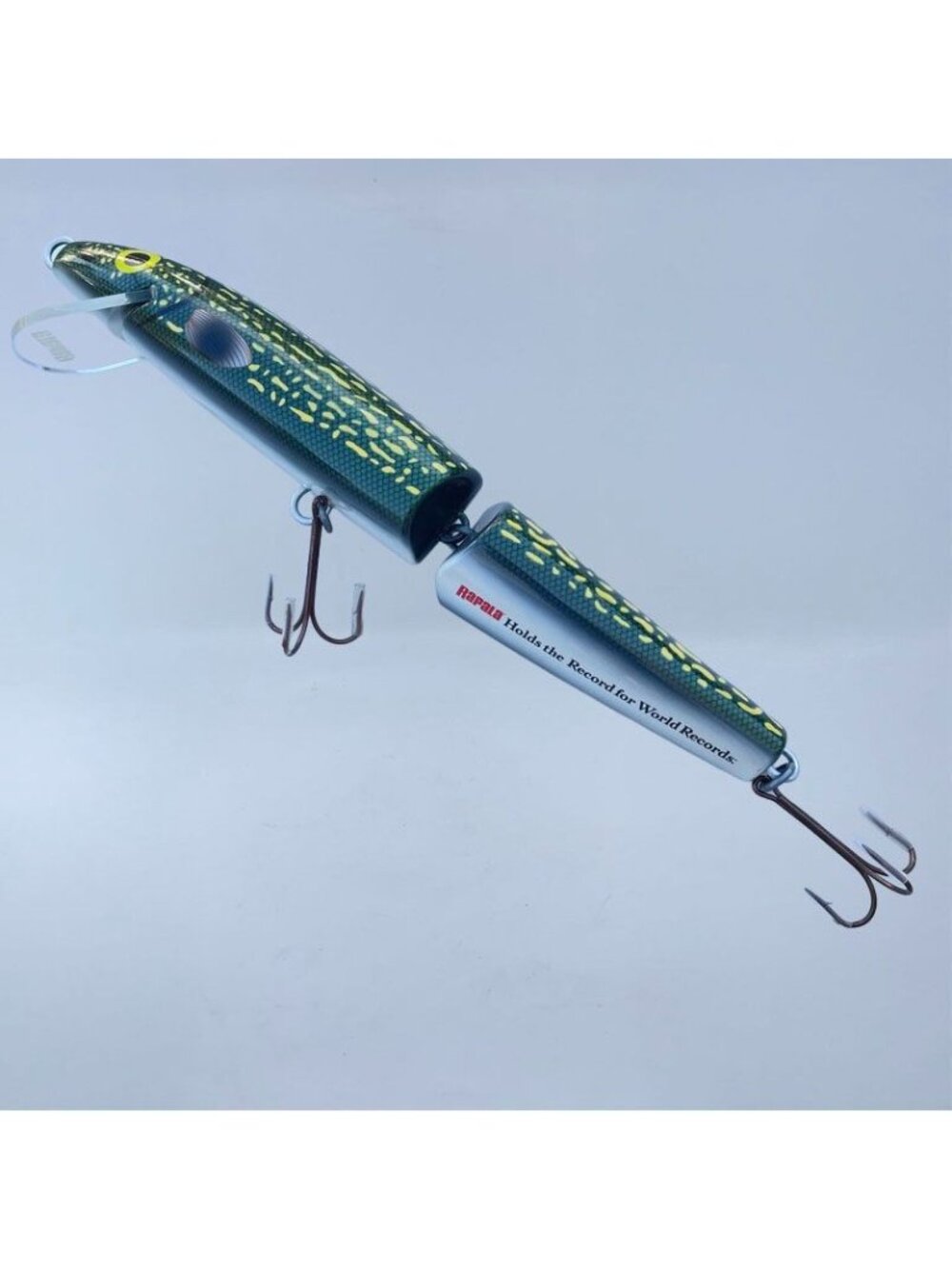 vintage rapala giant jointed fishing lure green & yellow pike design